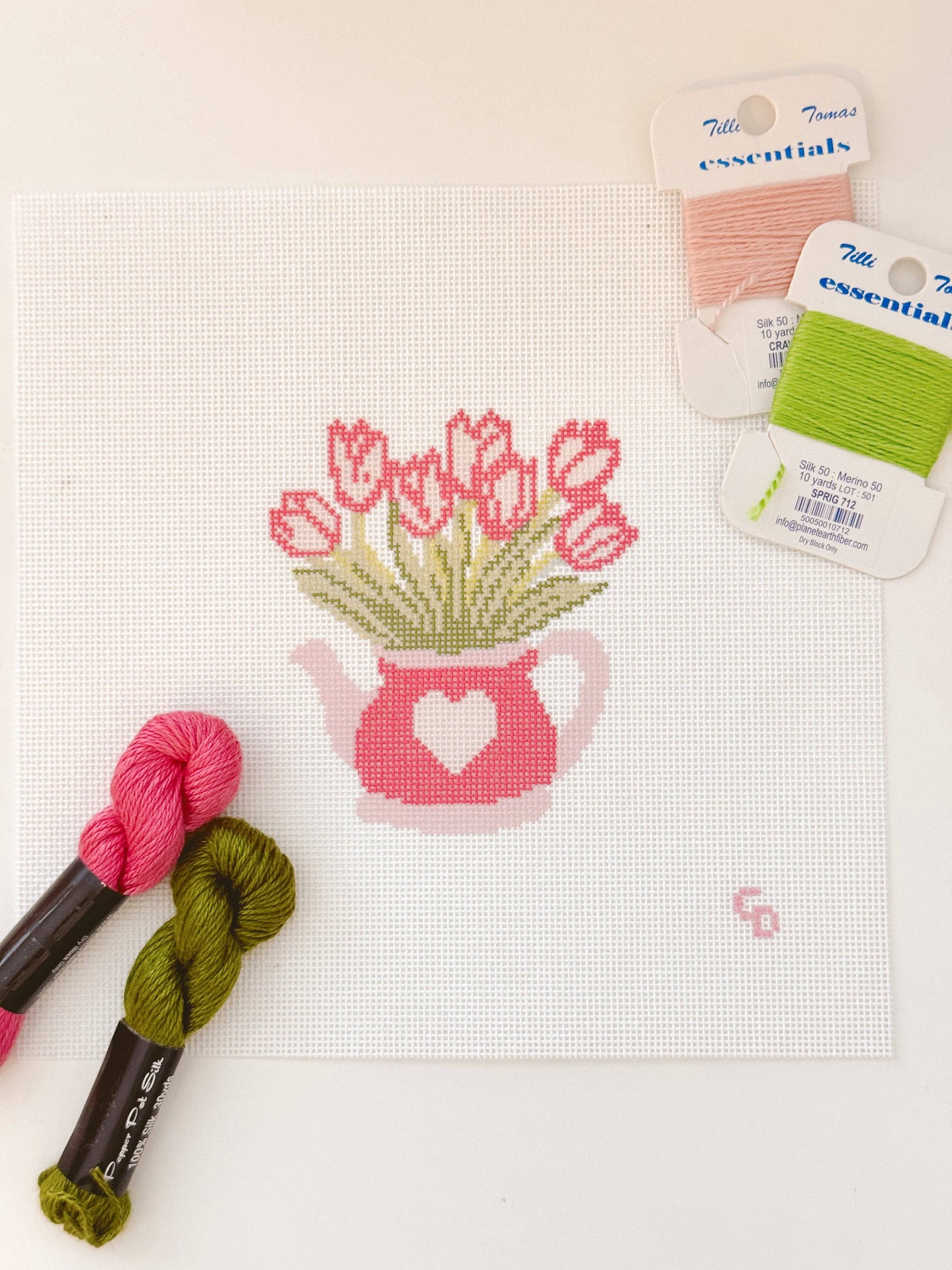 Heart Flower Teapot Needlepoint Canvas, 3”x4", 18 Mesh
