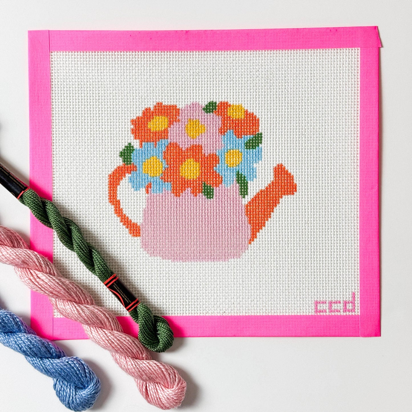 Flower Watering Can Spring Needlepoint Canvas 13 Mesh 5” Design