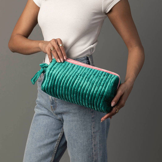 Green & Pink Velvet Ribbed Travel Pouch