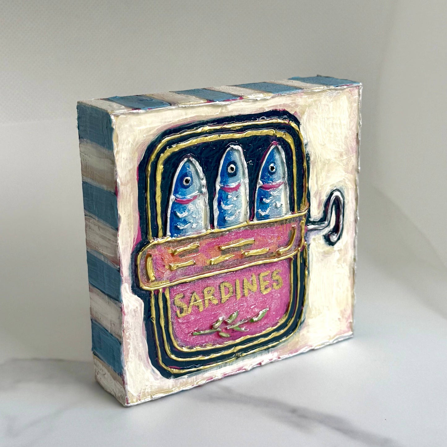 Sardine Tin Textured Handpainted Wood Block Art
