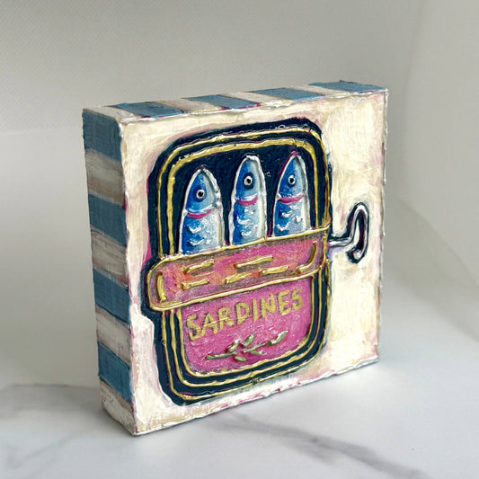Sardine Tin Textured Handpainted Wood Block Art