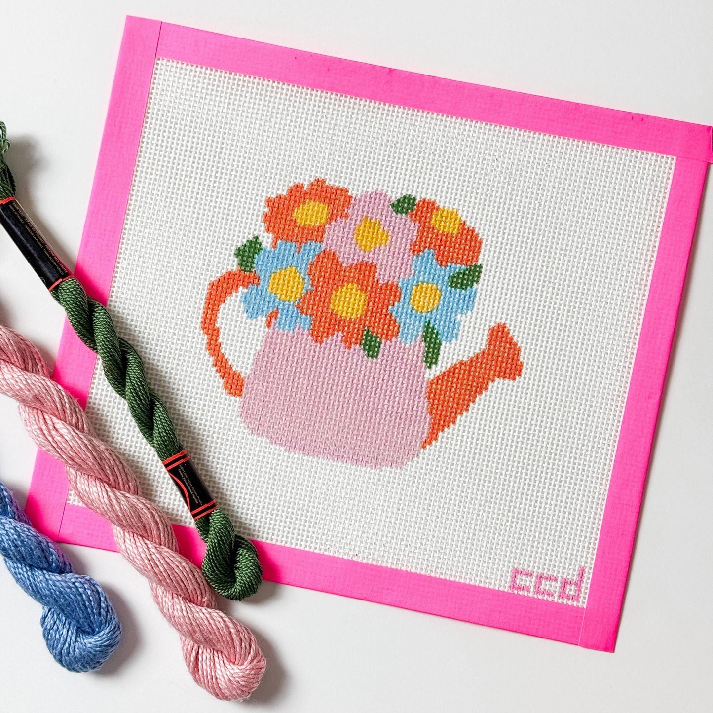 Flower Watering Can Spring Needlepoint Canvas 13 Mesh 5” Design