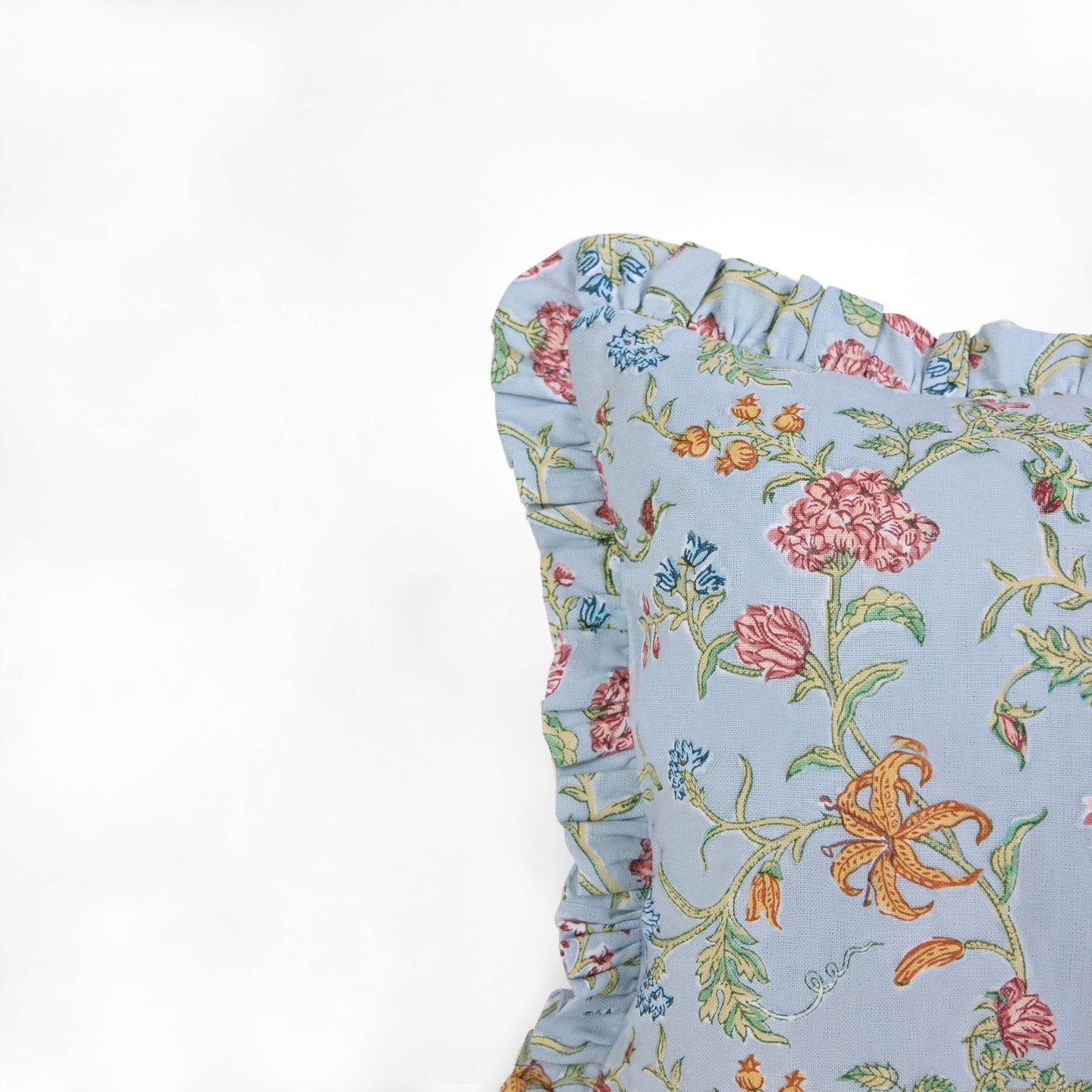 BLOCK-PRINTED RUFFLED CUSHION COVER - SKY VANA