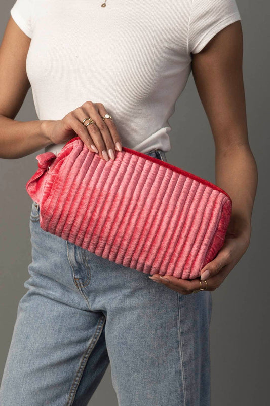 Pink & Red Velvet Ribbed Travel Pouch