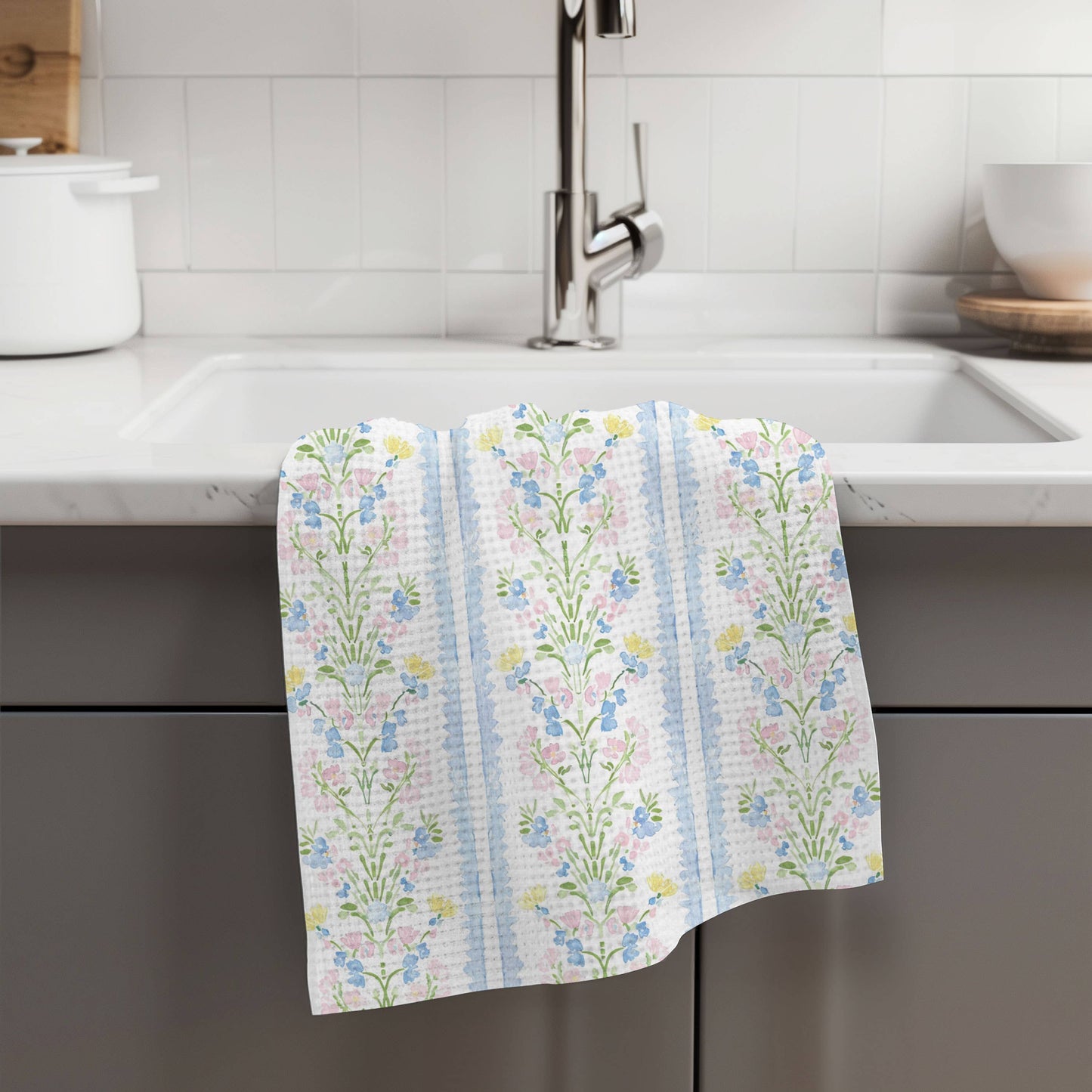 Chinoiserie Grandmillennial Kitchen Towel Blue Preppy Floral
