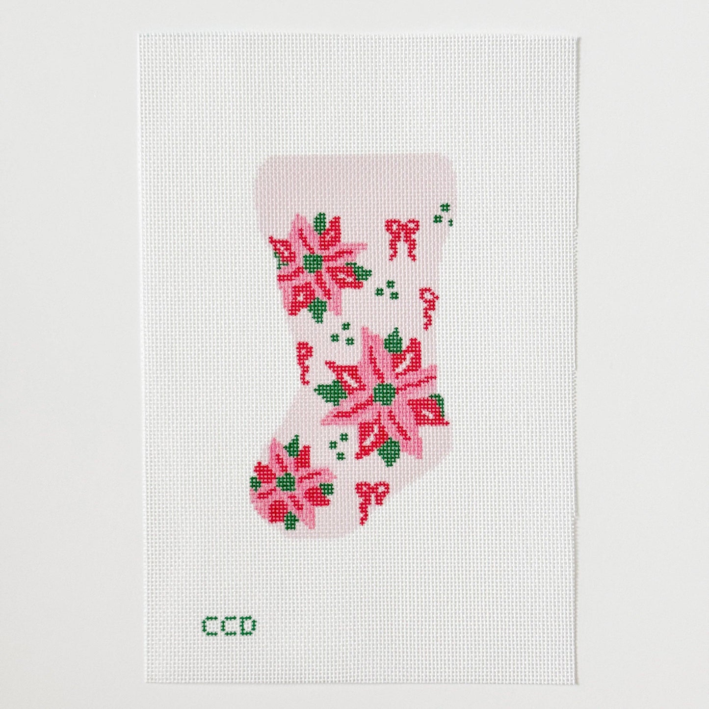 Poinsettia Bow Mini Stocking 18 Mesh Hand Painted Needlepoint Canvas 6”x3”