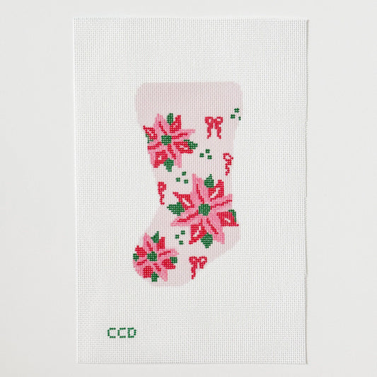 Poinsettia Bow Mini Stocking 18 Mesh Hand Painted Needlepoint Canvas 6”x3”