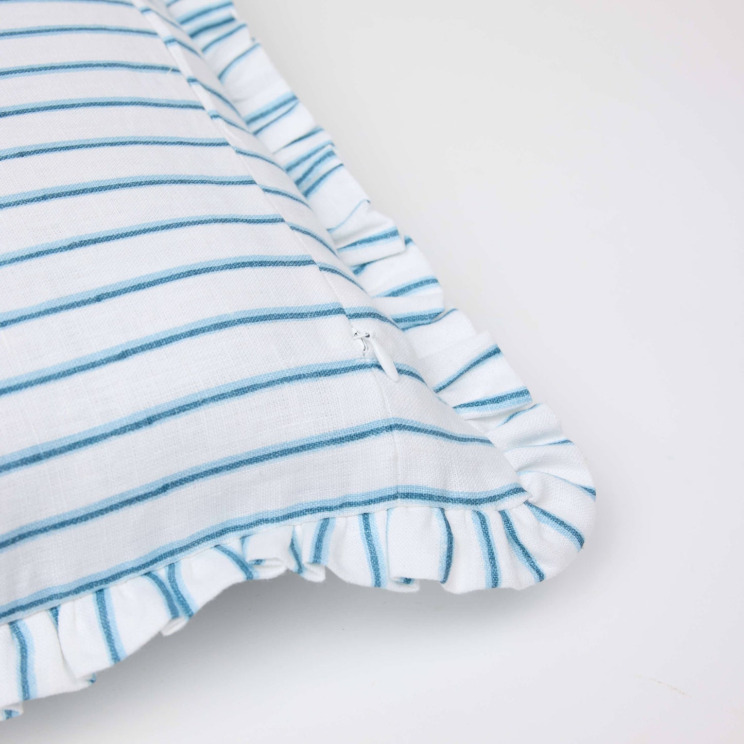 BLOCK PRINTED RUFFLED CUSHION COVER SHADOW STRIPE BLUE