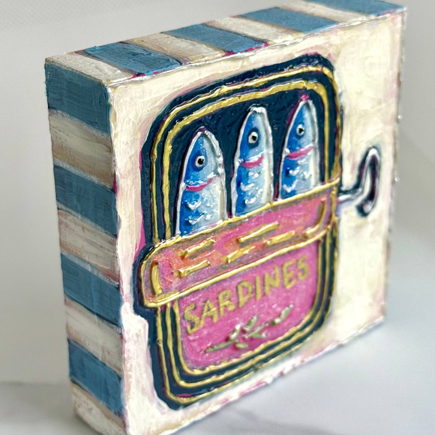 Sardine Tin Textured Handpainted Wood Block Art