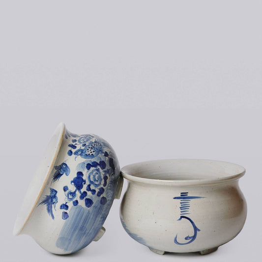 Rustic Bird & Flower Blue & White Porcelain Bulbous Cachepot