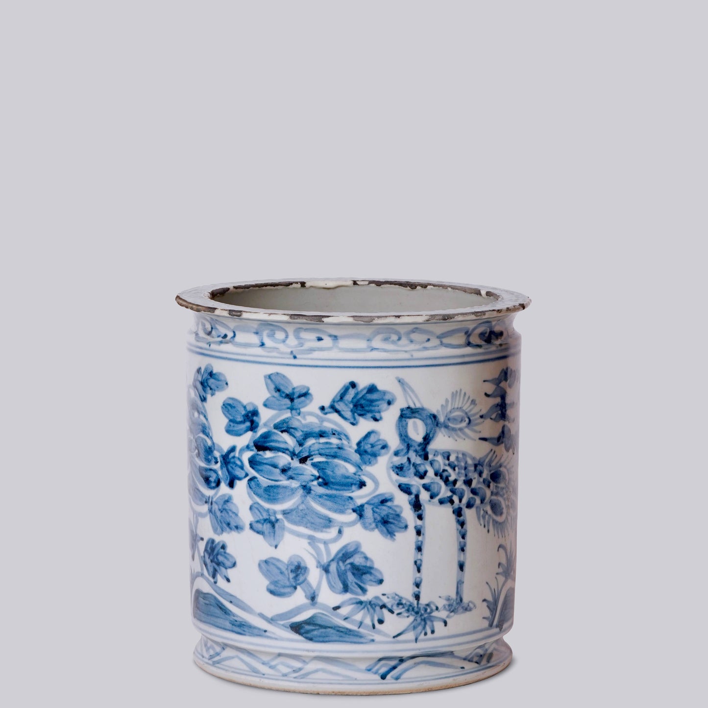 Rustic Peacock Blue and White Porcelain Cachepot