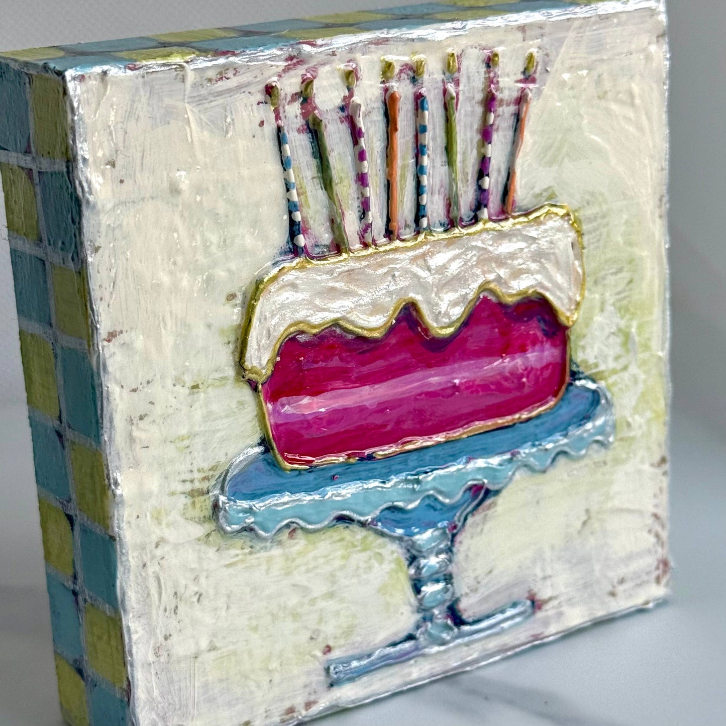 Birthday Cake with Candles Handpainted Wood Block Art