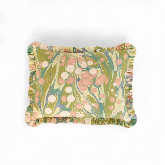 MARBLED RUFFLED CUSHION COVER - MOSS BUBBLE