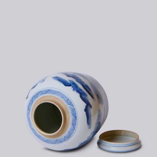 Willow Ware Blue and White Porcelain Round Storage Jar