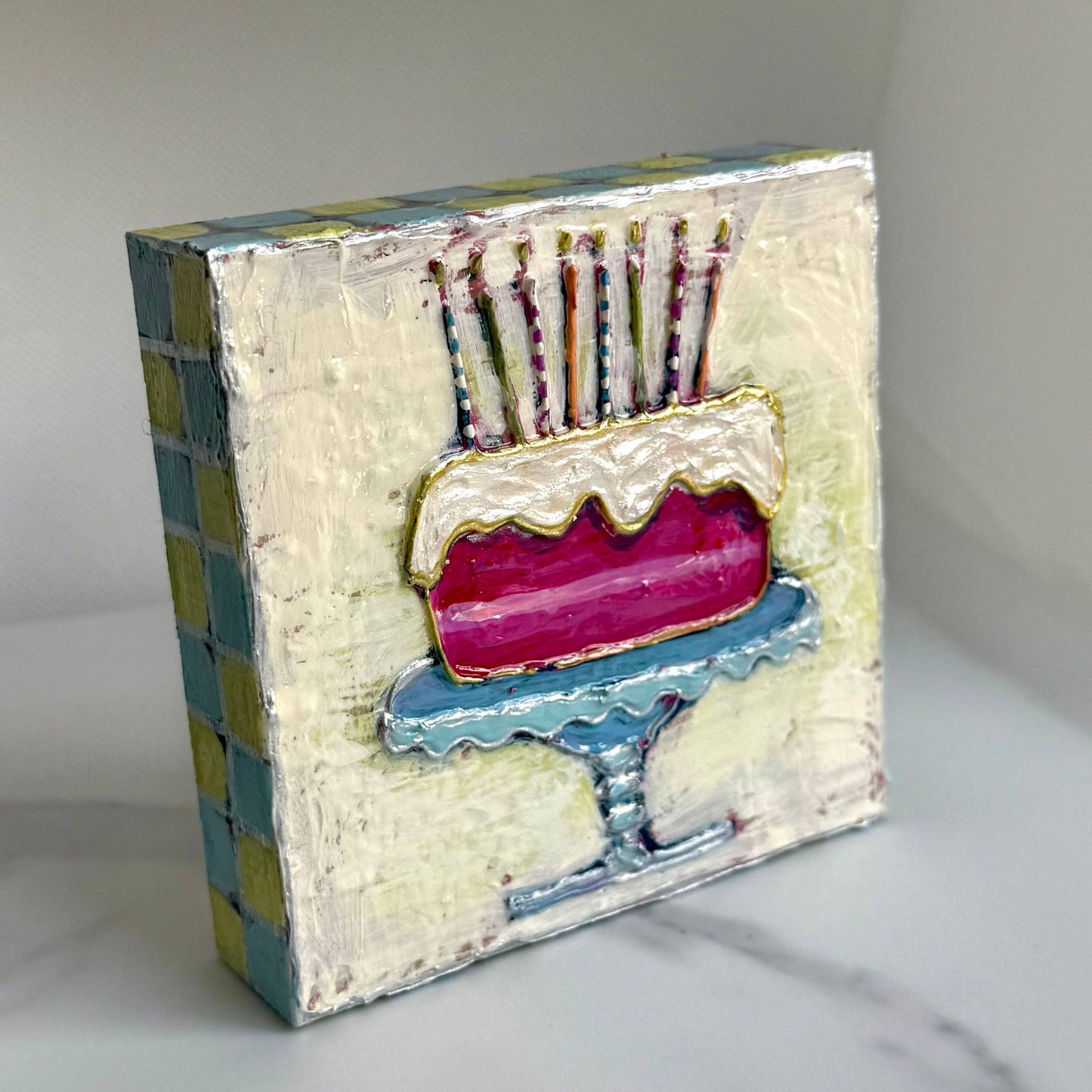 Birthday Cake with Candles Handpainted Wood Block Art