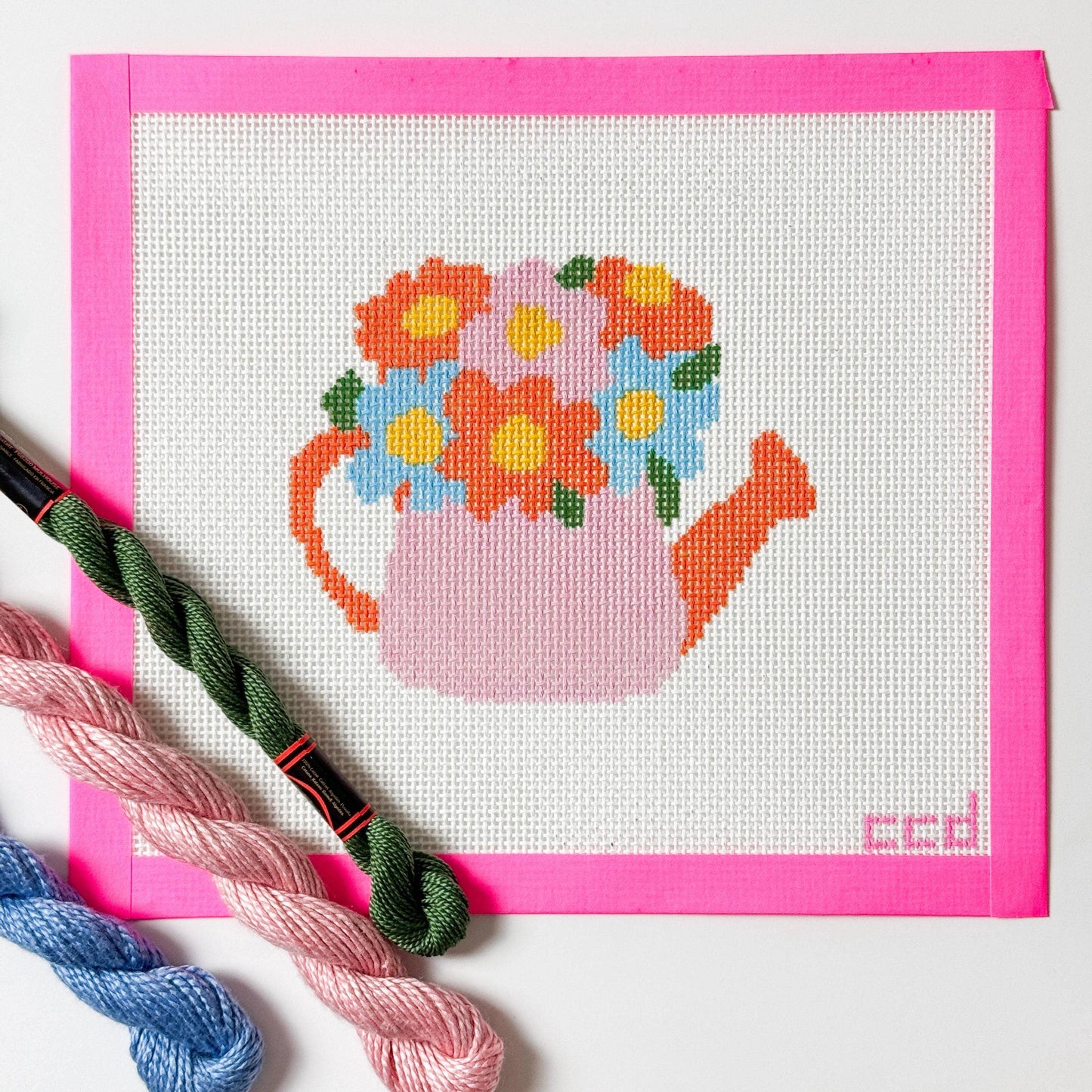 Flower Watering Can Spring Needlepoint Canvas 13 Mesh 5” Design