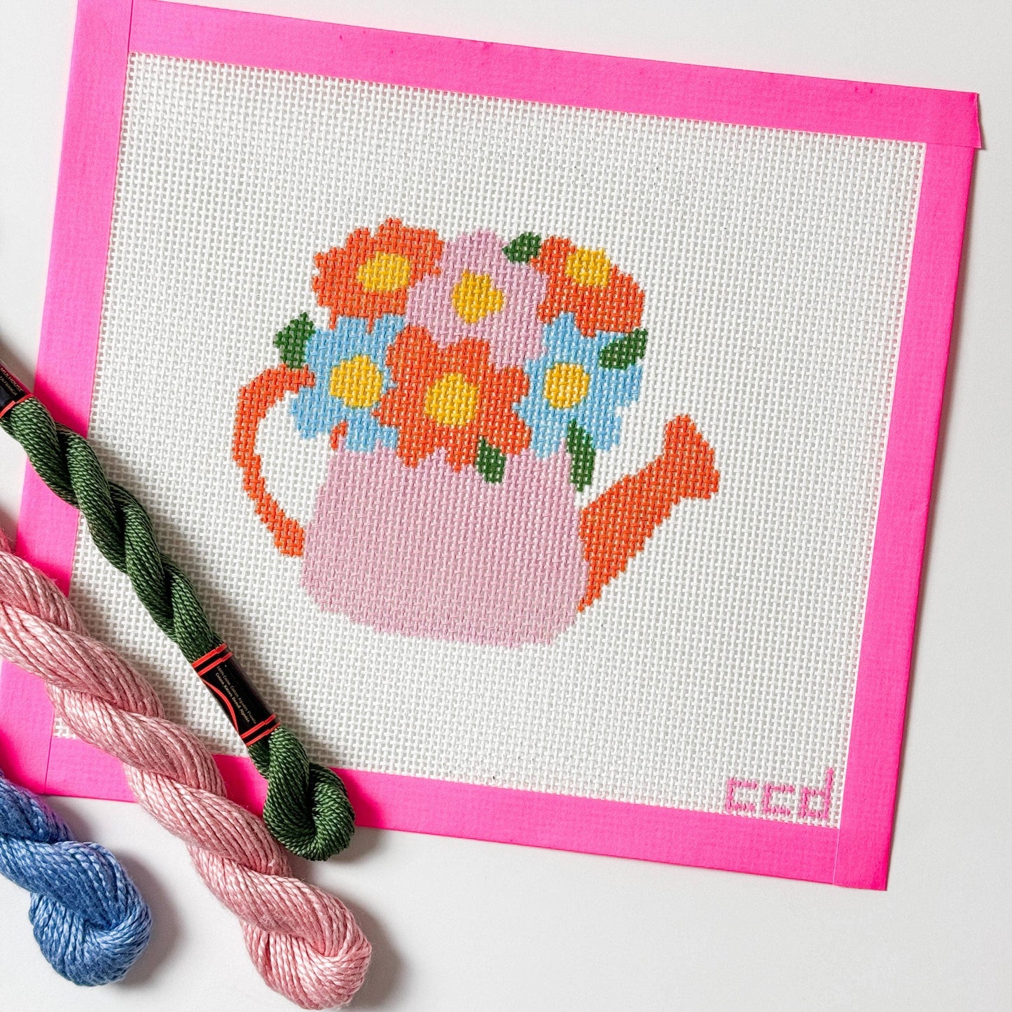 Flower Watering Can Spring Needlepoint Canvas 13 Mesh 5” Design