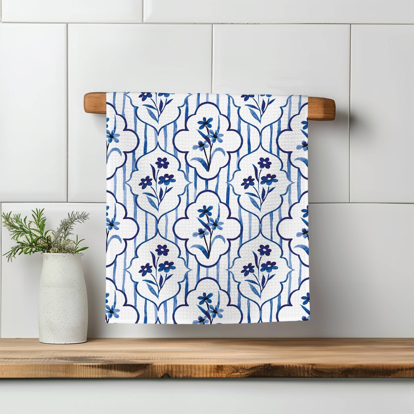 Chinoiserie Floral Kitchen Towel Vase Blue White Spring Bow