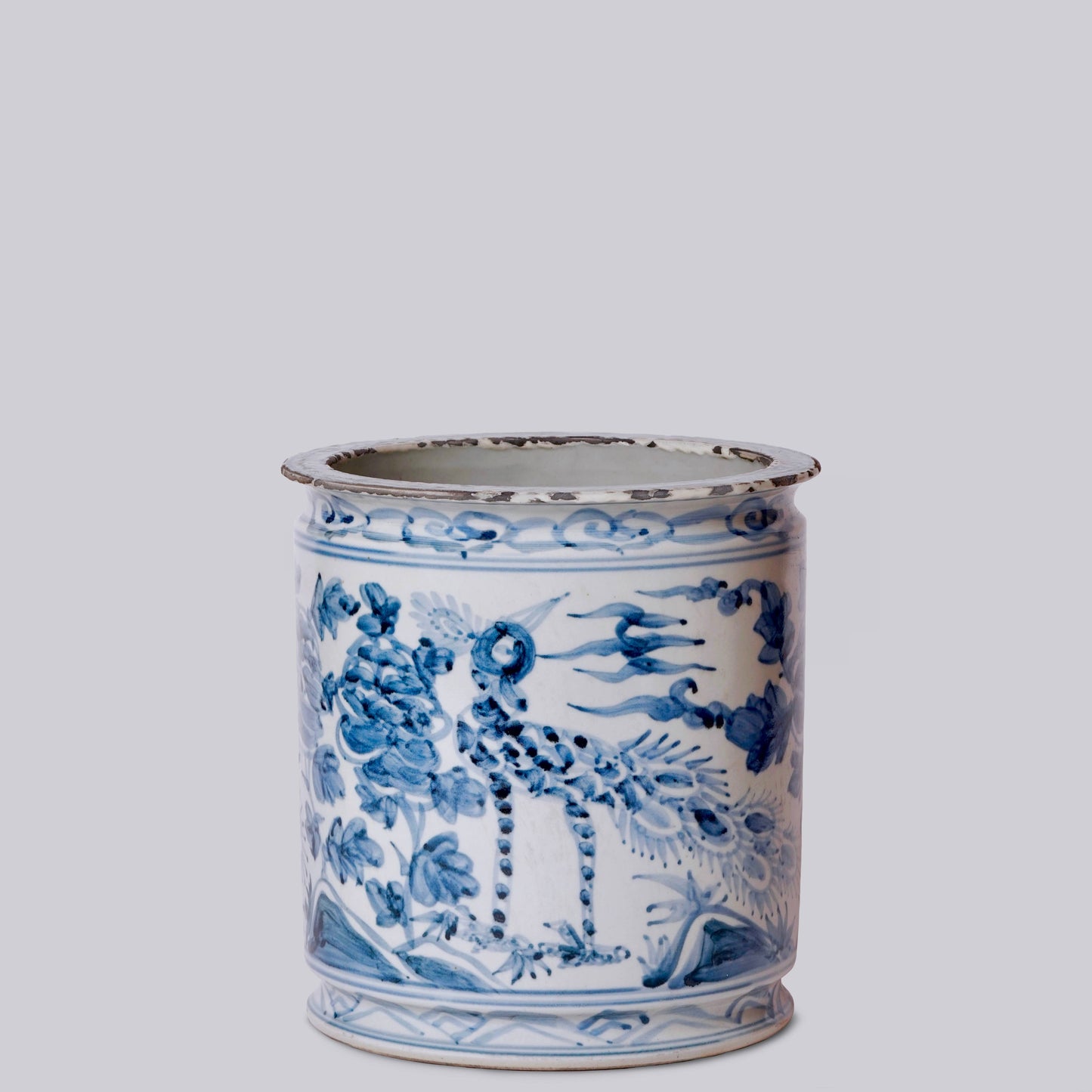 Rustic Peacock Blue and White Porcelain Cachepot