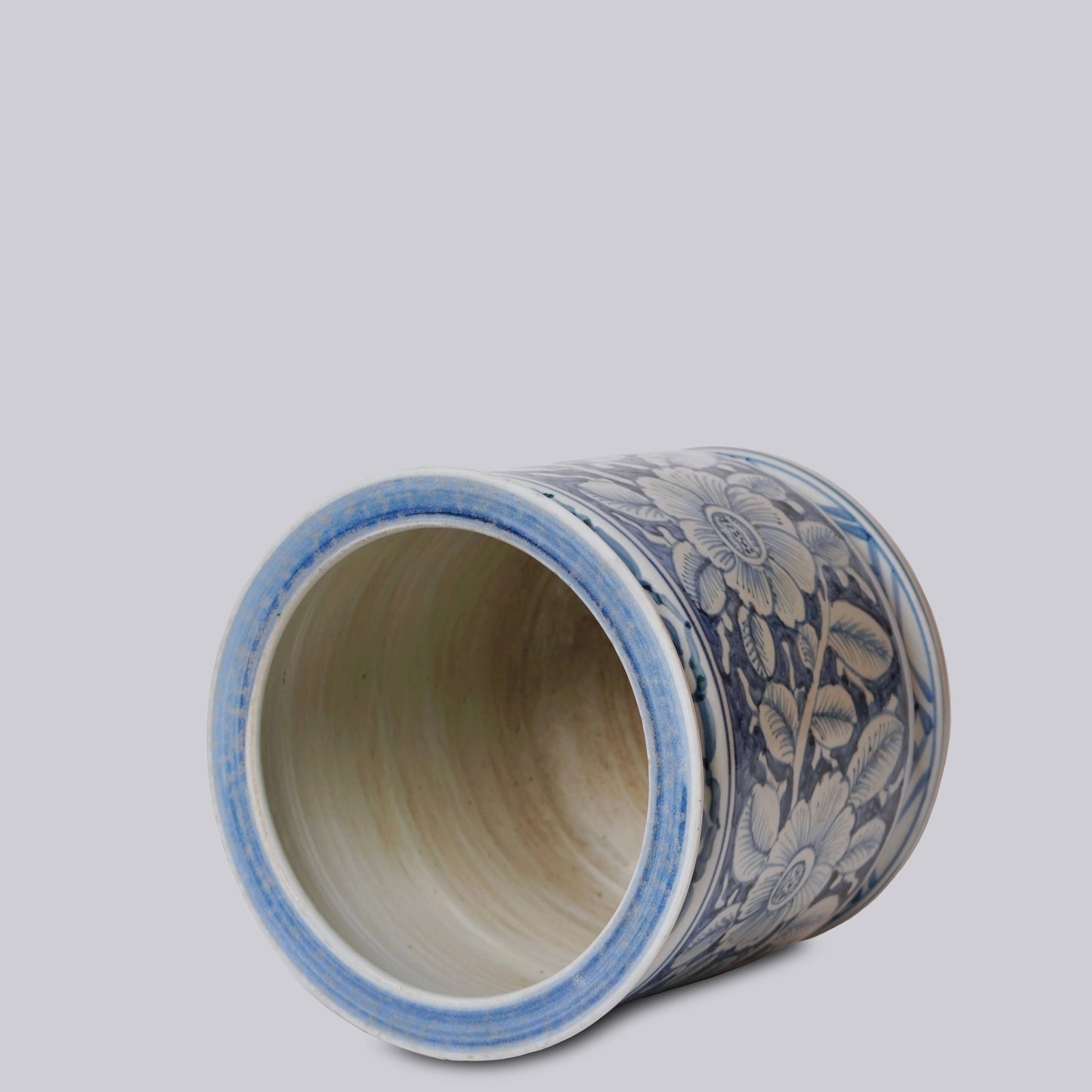 Blue and White Porcelain Floral Cachepot with Indented Rim