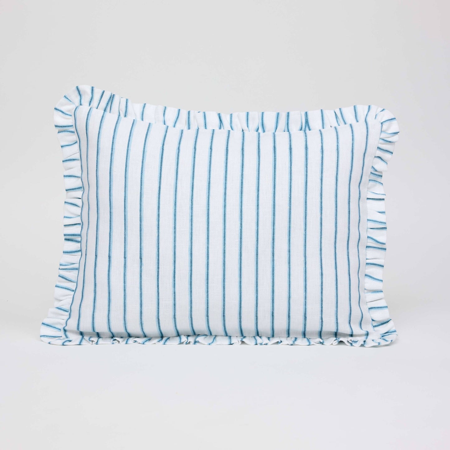 BLOCK PRINTED RUFFLED CUSHION COVER SHADOW STRIPE BLUE