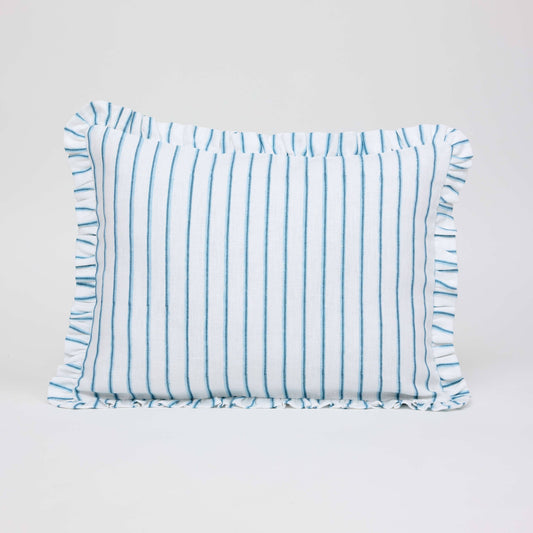 BLOCK PRINTED RUFFLED CUSHION COVER SHADOW STRIPE BLUE