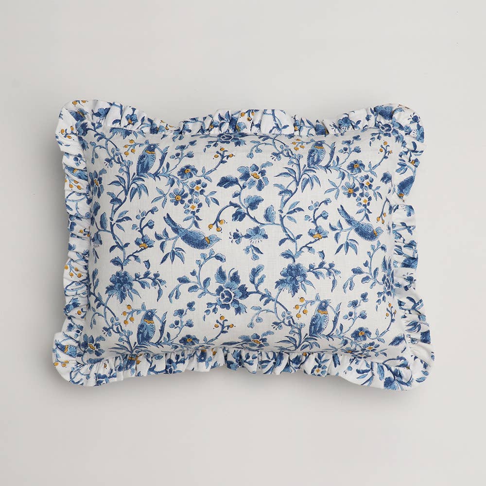 Blue Robin & Peony Block Printed Ruffled Cushion Cover