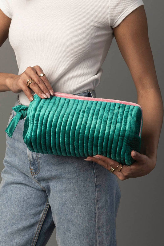 Green & Pink Velvet Ribbed Travel Pouch
