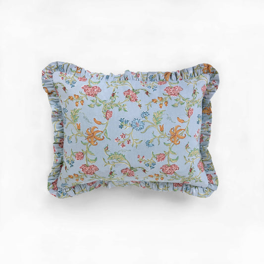BLOCK-PRINTED RUFFLED CUSHION COVER - SKY VANA