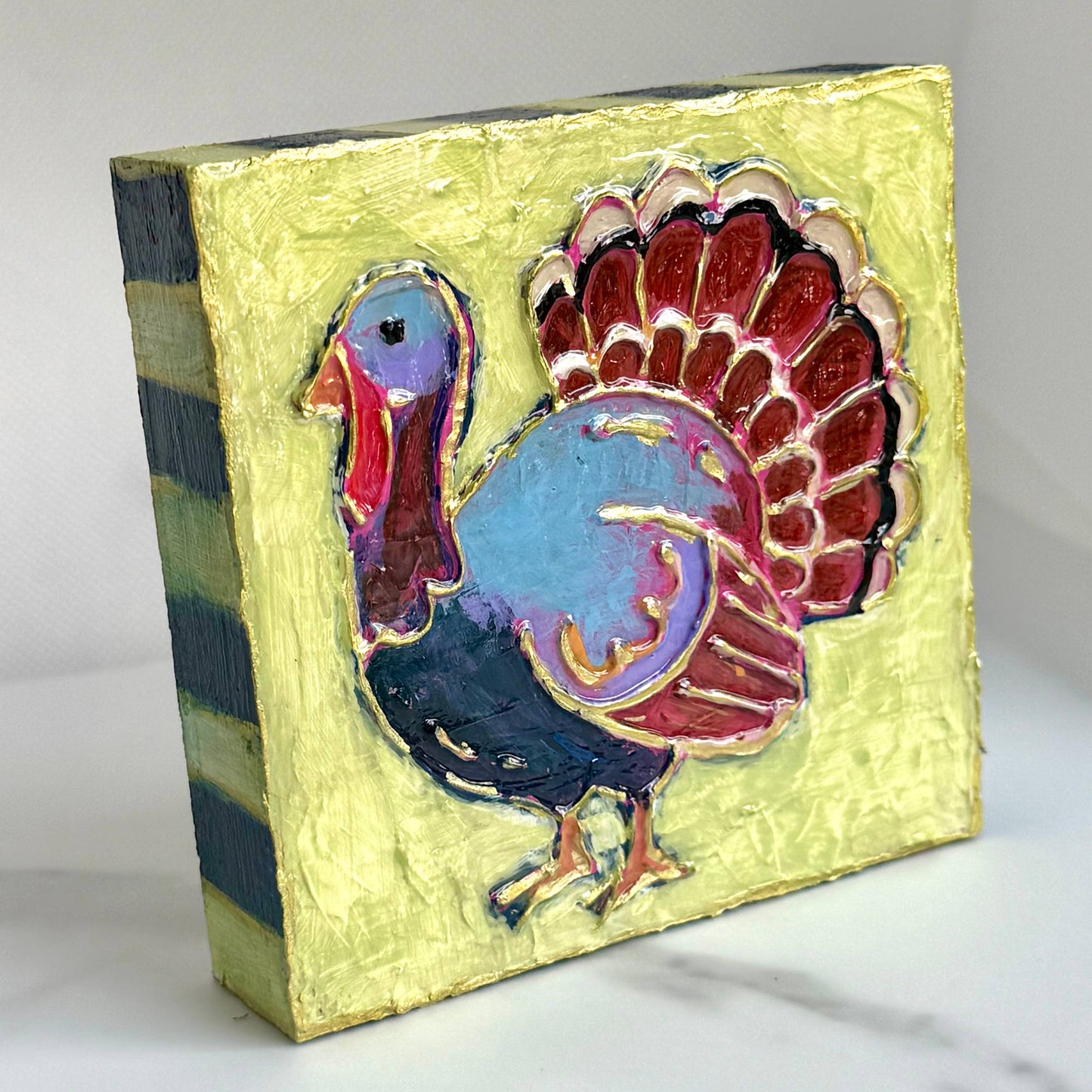 Thanksgiving Turkey Textured Handpainted Wood Block Art