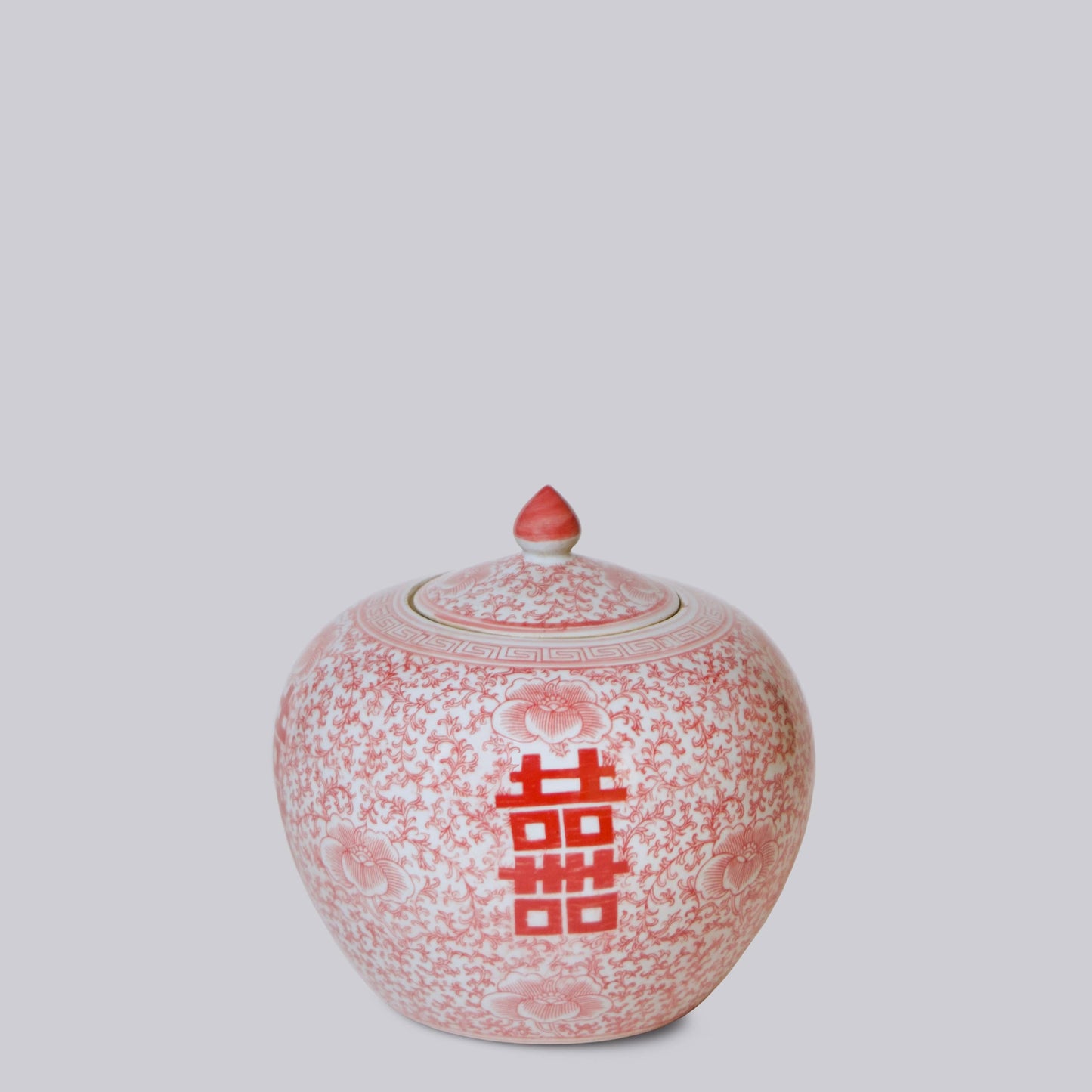 Double Happiness Red & White Squat Porcelain Finial Jar