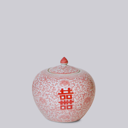 Double Happiness Red & White Squat Porcelain Finial Jar