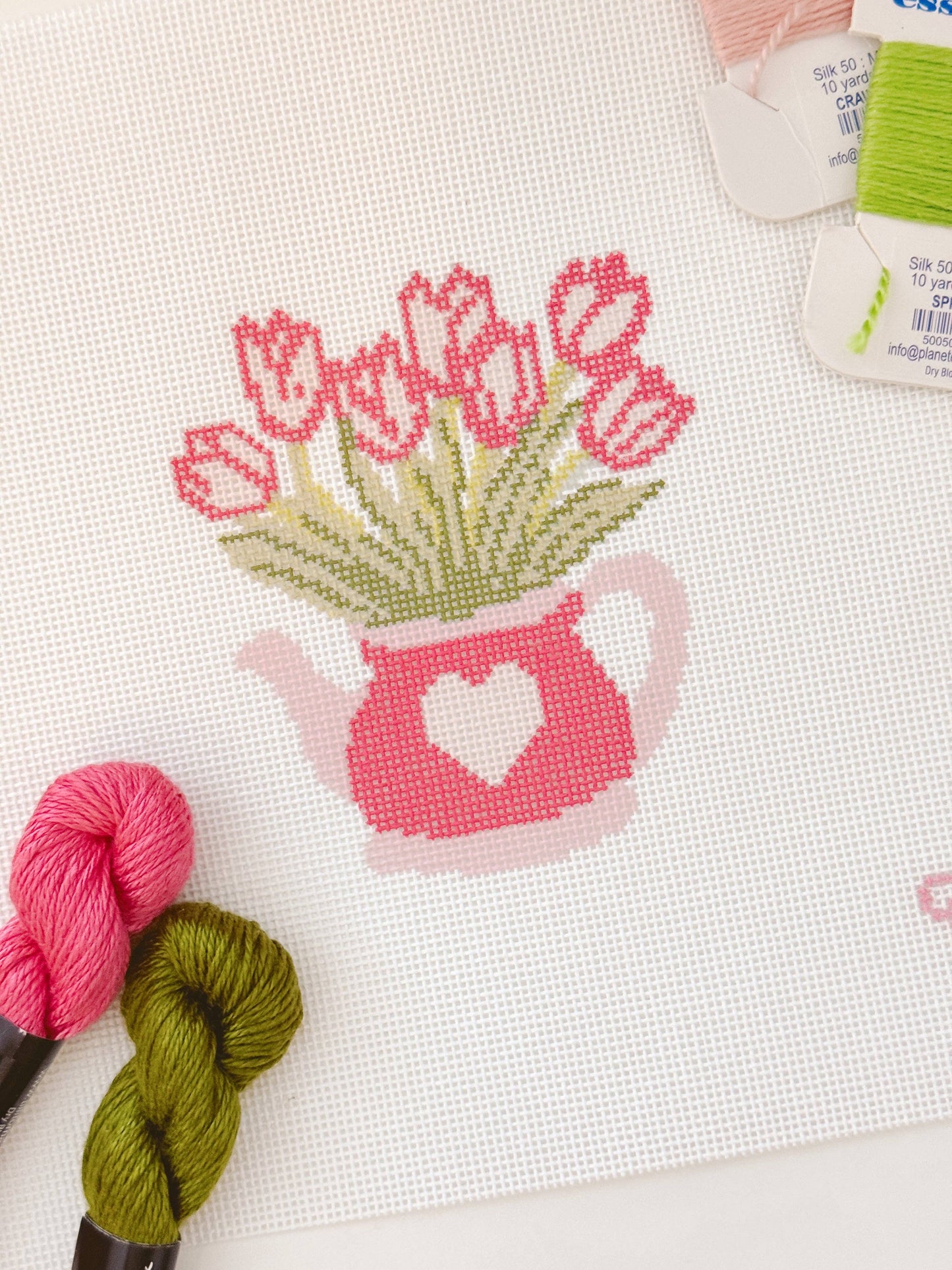 Heart Flower Teapot Needlepoint Canvas, 3”x4", 18 Mesh